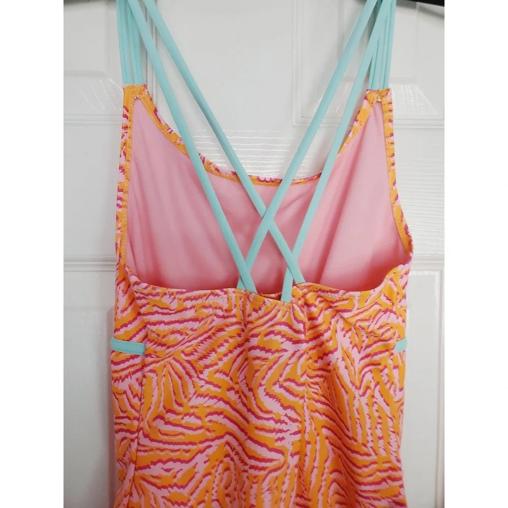 Spyder Girls One‎ Piece Swimsuit Orange Pink Zebra Print Strappy Back Sz L 12/14
